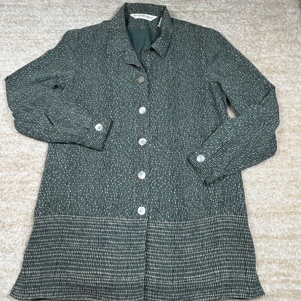 Katherine‎ Kelly Blouse Womens 8 Green Silk Long Sleeve Button Front Tunic Lined